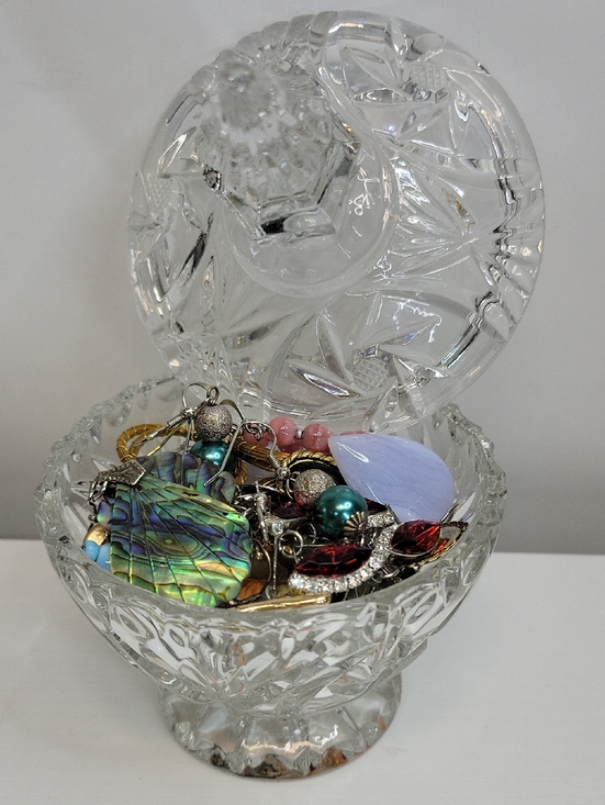 Jewelry - Cut Crystal Trinketbox with Lid Filled With Earrings